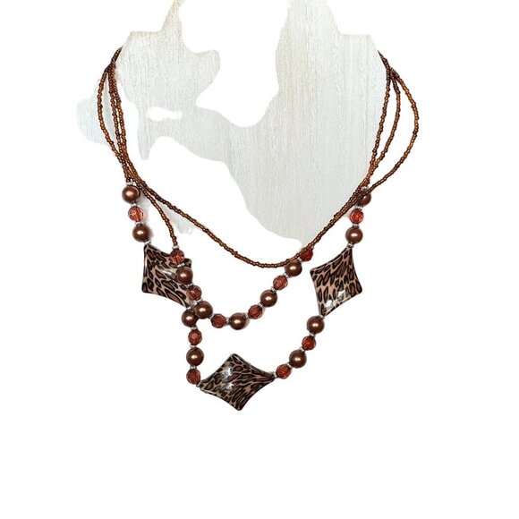 Animal Print Beaded Necklace With Brown & Amber Accents Triple Strand Unique Des - Picture 1 of 3